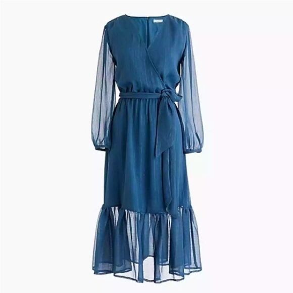 J Crew Point Sur Tiered Sheer Sleeve Faux Wrap Lurex Dress Blue Green Size 10 - Picture 1 of 11